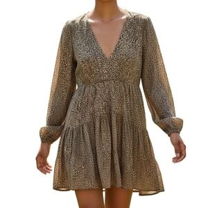 Leopard Print Long Sleeve Mini Dress V Neck Tiered Casual